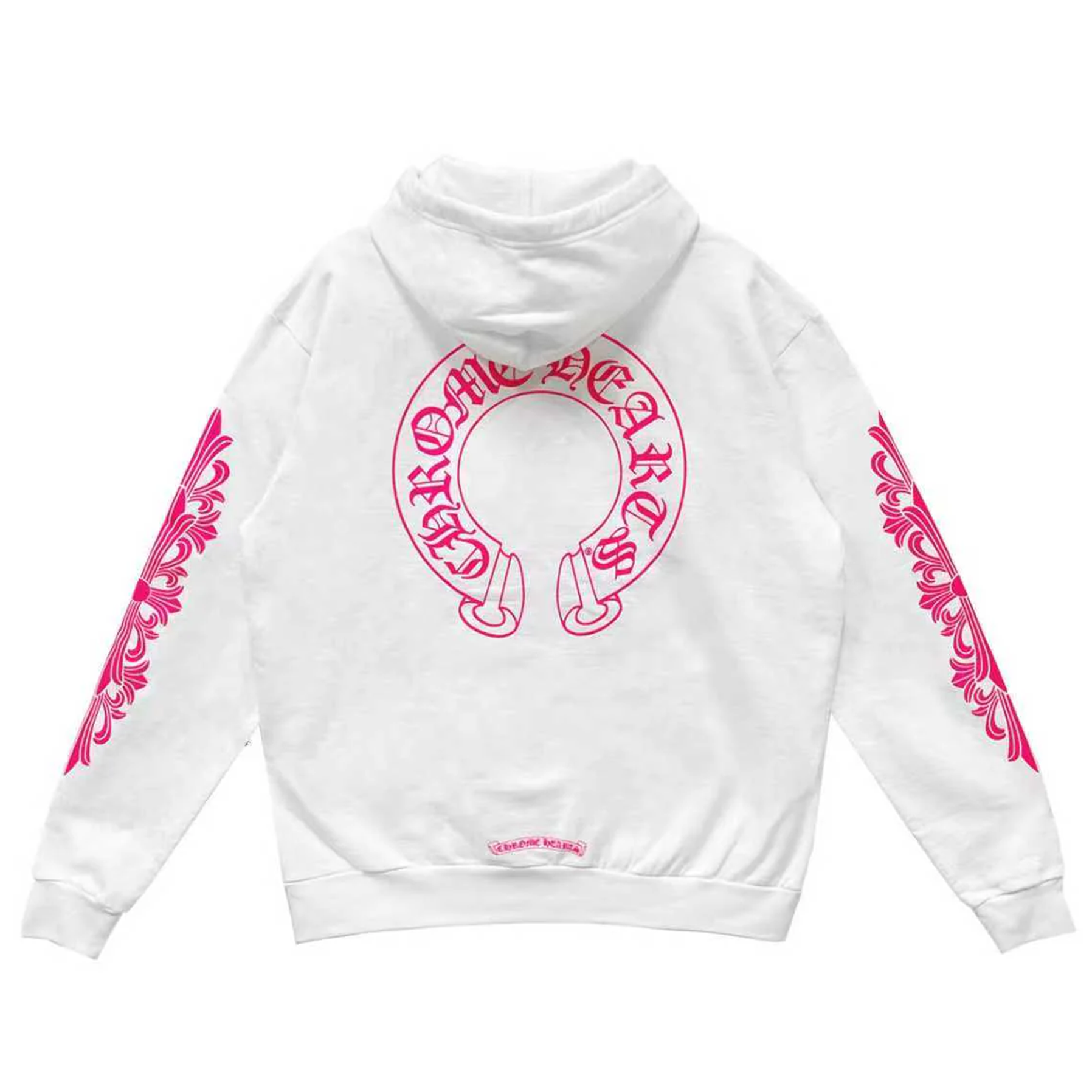 Chrome Hearts Pink Horseshoe Floral Sleeve Pullover Hoodie White