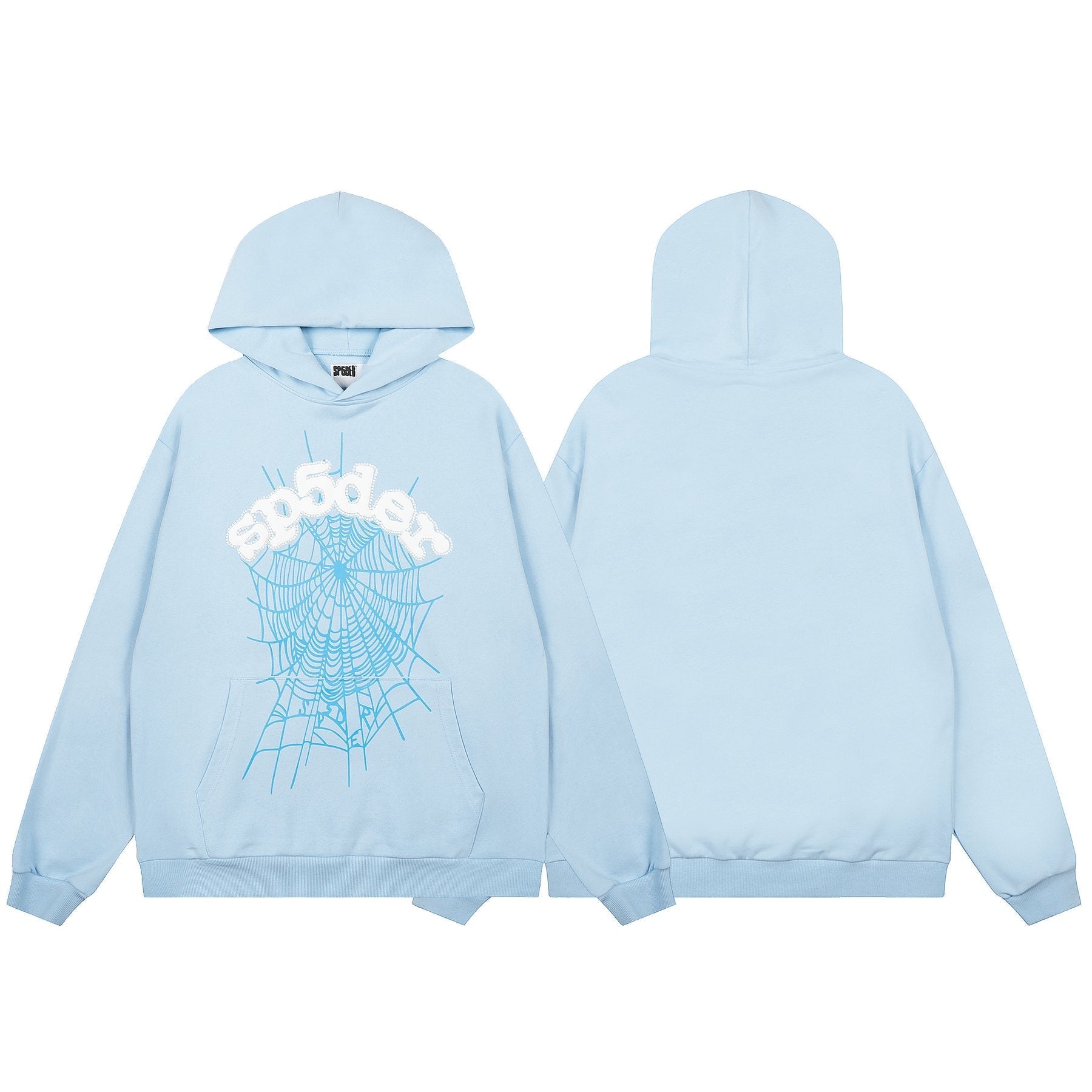 Sp5der Light Blue Spiderweb Hoodie & Sweatpants Matching Set — front