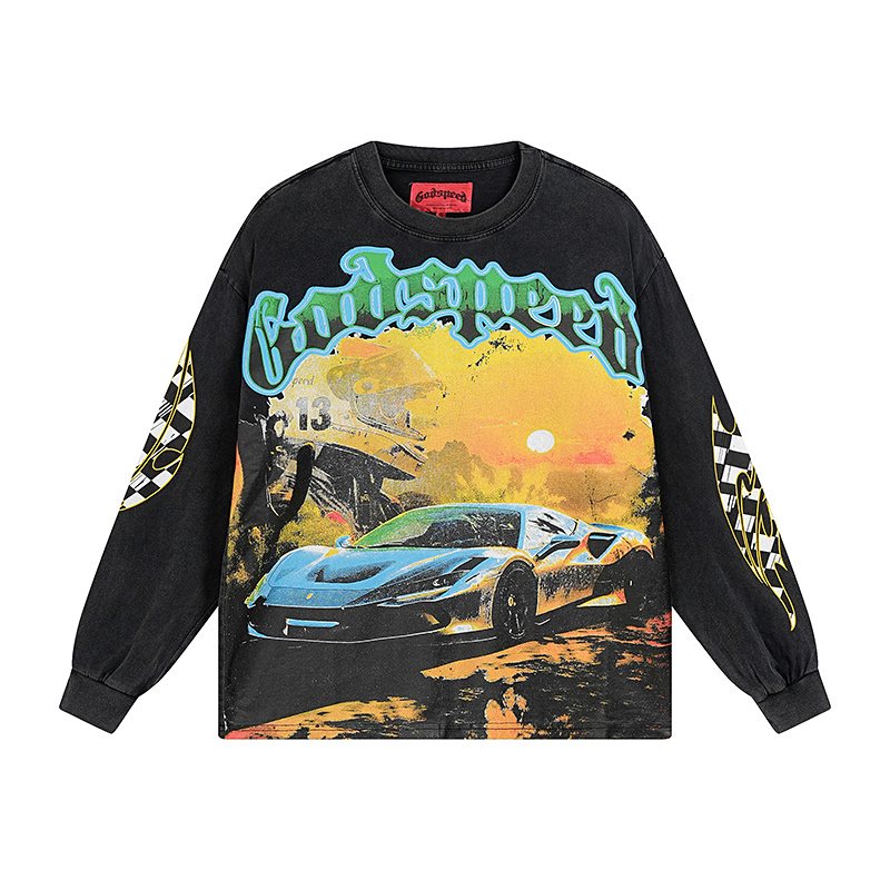Godspeed Washed Black Car Graphic Long-Sleeve T-Shirt — front
