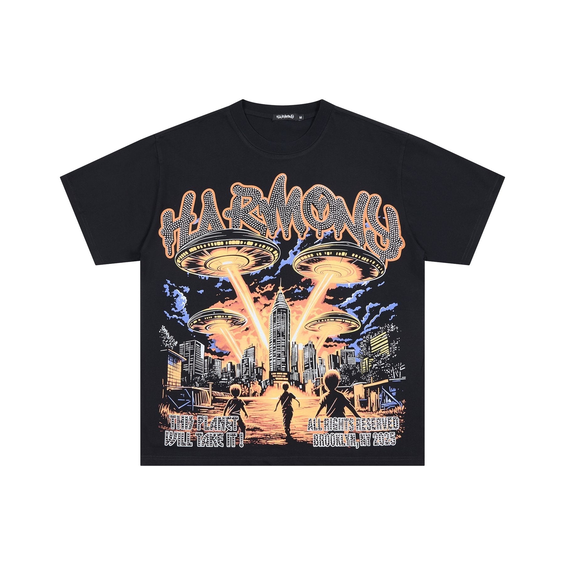 HARMONY UFO City Rhinestone Graphic T-Shirt — front