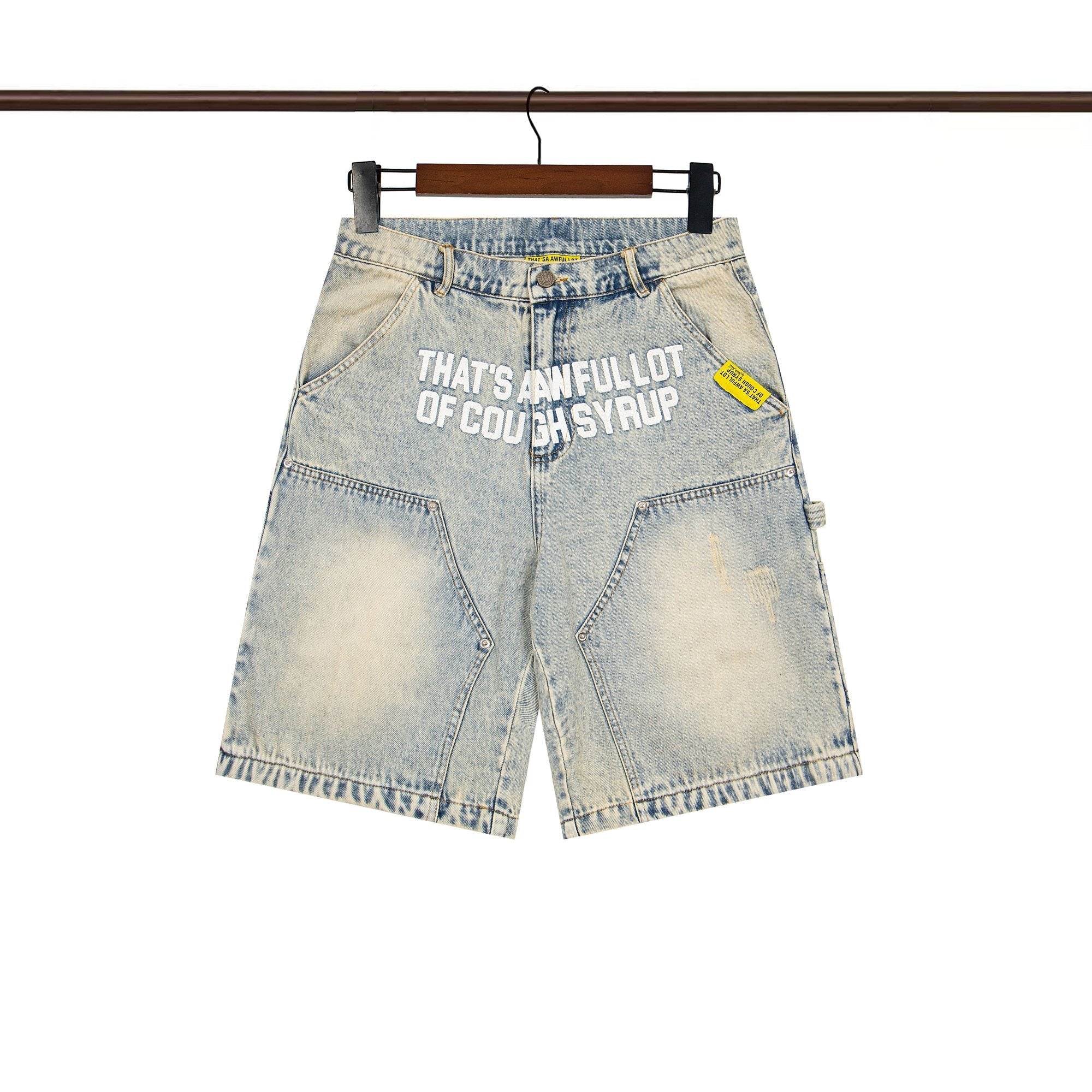 THAT'S A AWFUL LOT OF COUGH SYRUP Washed Denim Graphic Shorts — hero