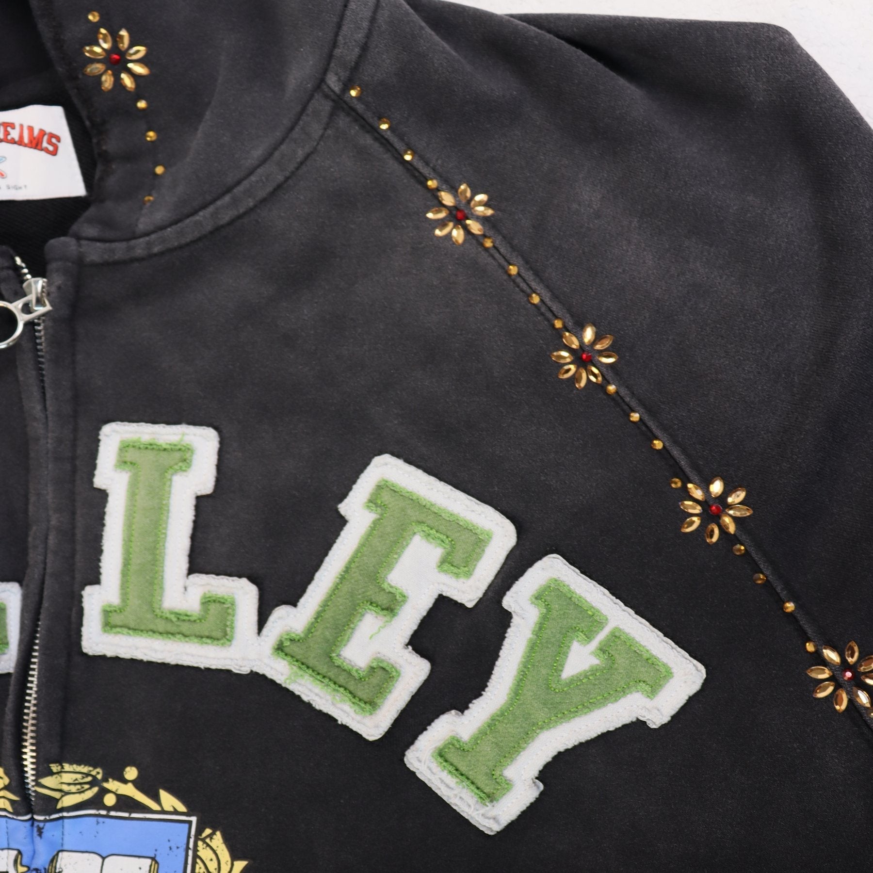 Valley Dreams Washed Black Collegiate Crest Zip Hoodie — detail